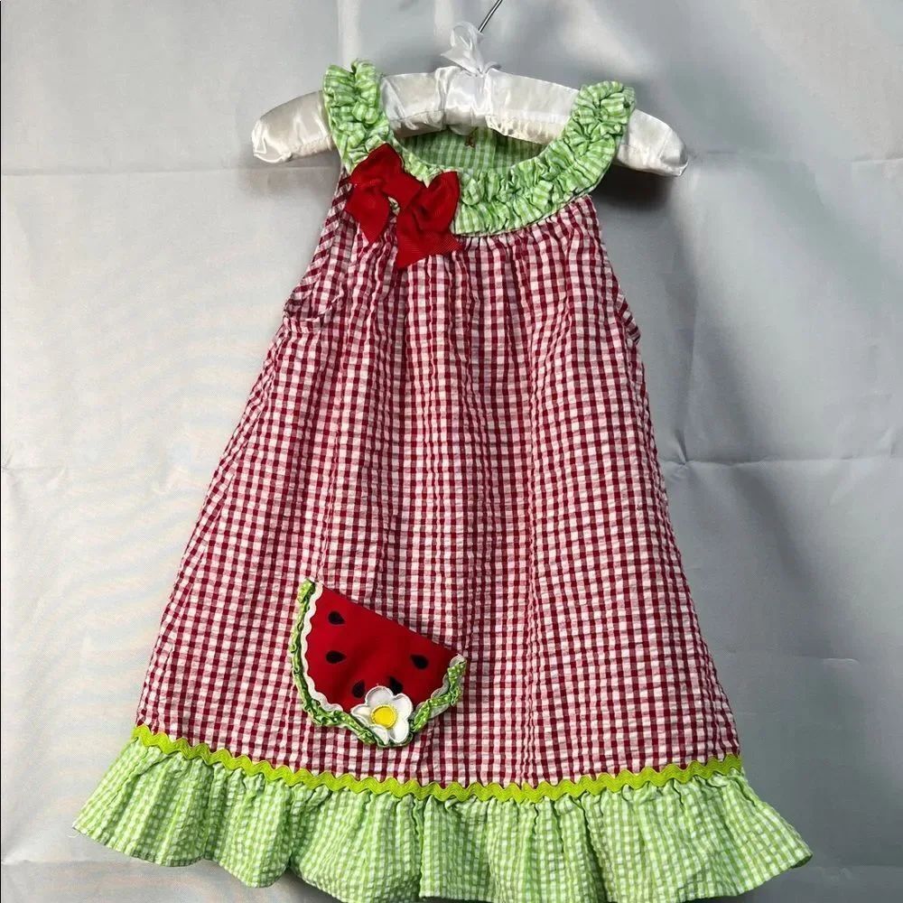 Emily Rose red and green gingham sear sucker watermelon pocket dress size 3T